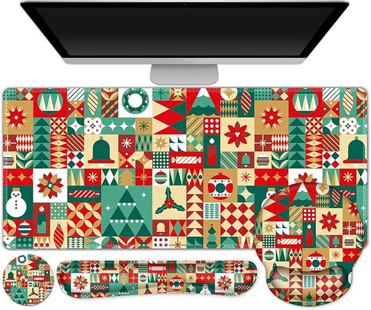 AIMSA Keyboard Mouse Pad Wrist Rest Set, Large Gaming Mouse Desk Pad with Wrist Support Ergonomic Design, 4 in 1 Mousepad for Home Office, Snowman Bell Christmas
