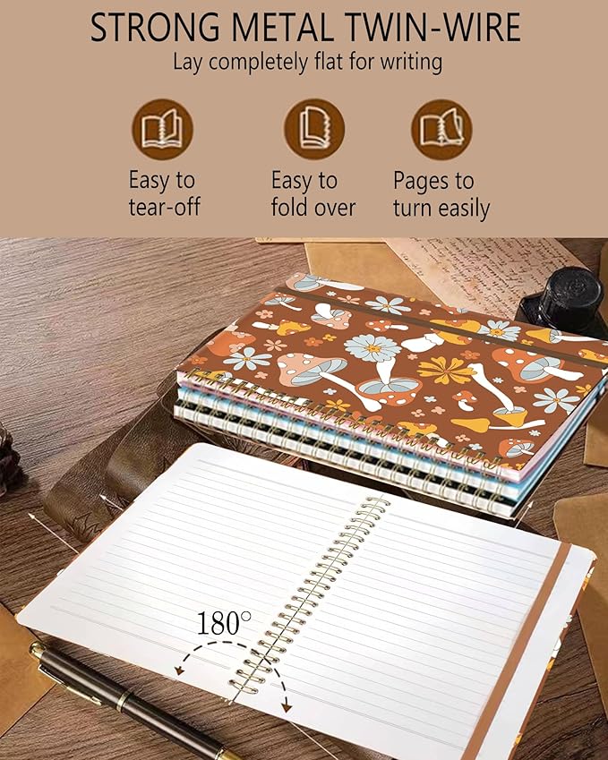 Spiral Journal Notebook, A5 Cute Notebooks for Women Men, College Ruled Hardcover Notebook for Work & Note Taking, 60 Pages Double-Wire Journals for Writing, Retro Cute Boho Mushrooms