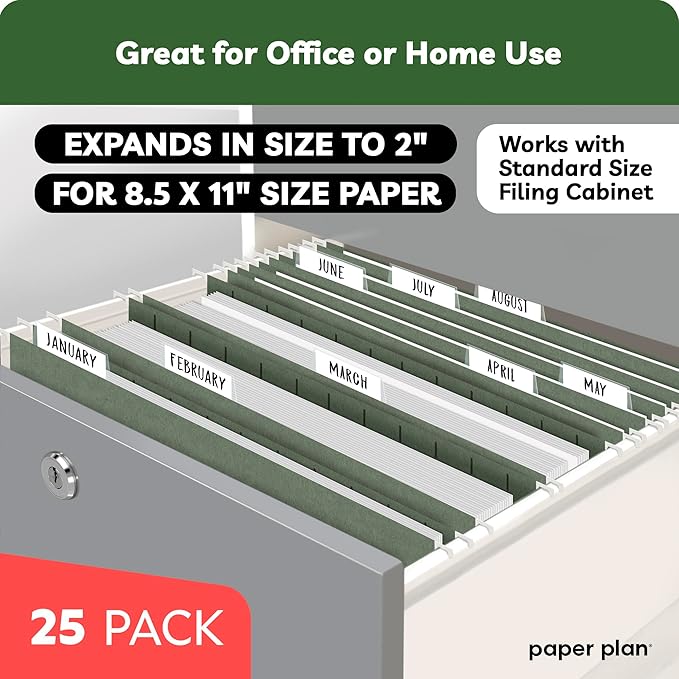Hanging File Folders - (25 Pack), by Paper Plan, 8.5 x 11 Letter Size, Dark Green, U-Base with 2" Expansion - Ideal for Easy and efficient Document Organization