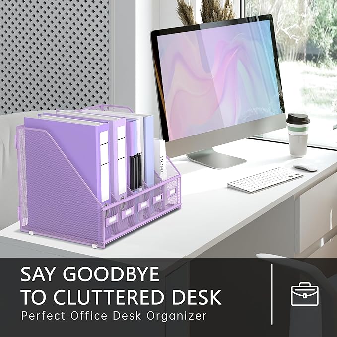 DALTACK Desk Organizers Metal Magazine File Holder with 5 Vertical Compartments Folder Storage Binder Organizer for Office Home School Organization, Purple Plus