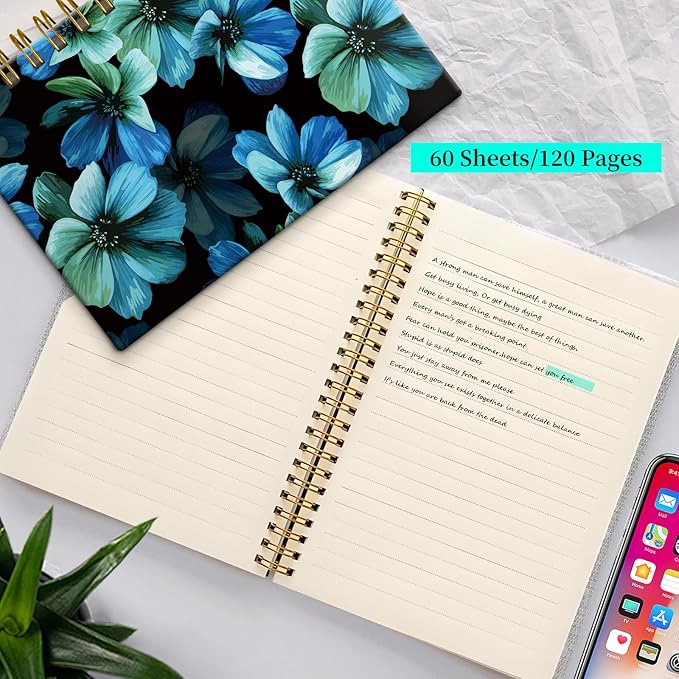 Spiral Notebook Journal for Women Men, A5 Hardcover Journal, 120 Pages Thick Paper, College Ruled Writing Notebook for School, Work & Office 8.3'' × 5.9''(Beautiful Blue Flowers)