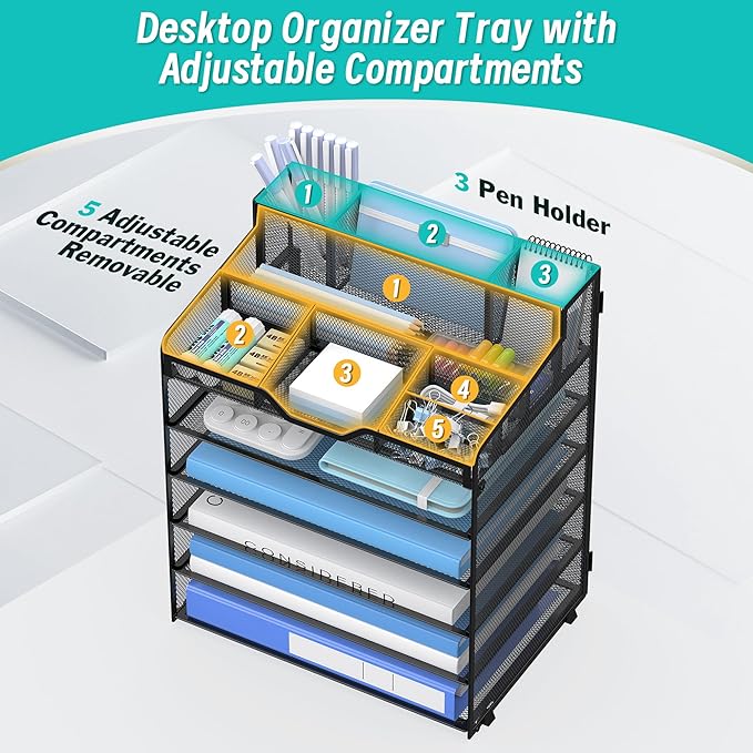 6 Tier Mesh Desk Organizer,Multi Functional Letter Paper Tray with 3 Pen Holders and 5 Adjustable Storage Compartments for Office Supplies Files and Mail Space Saving Desktop Organizer-Black