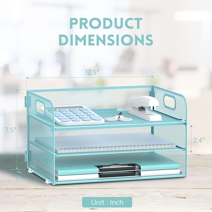 Supeasy 3 Tier Paper Organizer with Handle, Mesh Desk Organizer Letter Tray, Paper Tray File Organizer for A4 File Folder, Blue