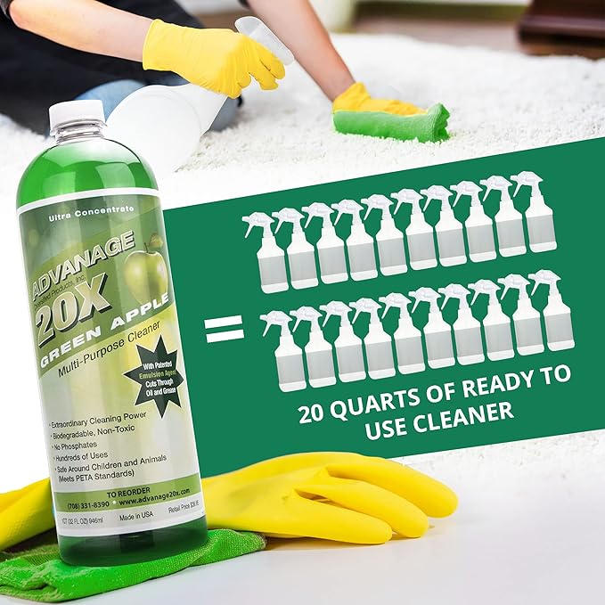 All Purpose Cleaner Concentrate - Advanage 20X The Wonder Cleaner Green Apple for All Surfaces Around Bathroom, Kitchen, Oil and Grease, Multi Purpose Cleaner for Household Cleaning Solution, 32 Fl Oz