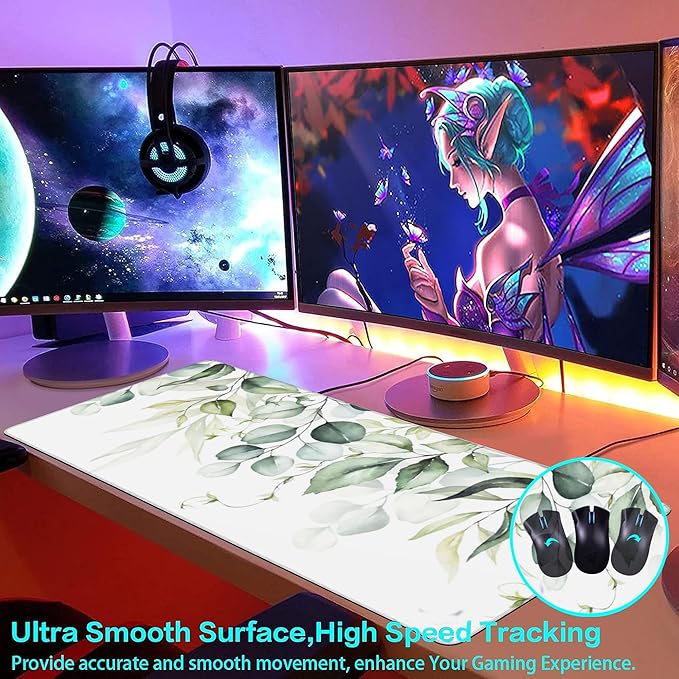 Large Gaming Mouse Pad for Desk, Watercolor Green Leaves and Branches Desk Mat for Desktop, Non-Slip Rubber Base Stitched Edges Long Computer Keyboard Mouse Mat Desk Pad for Home Office 35.4"X15.7"