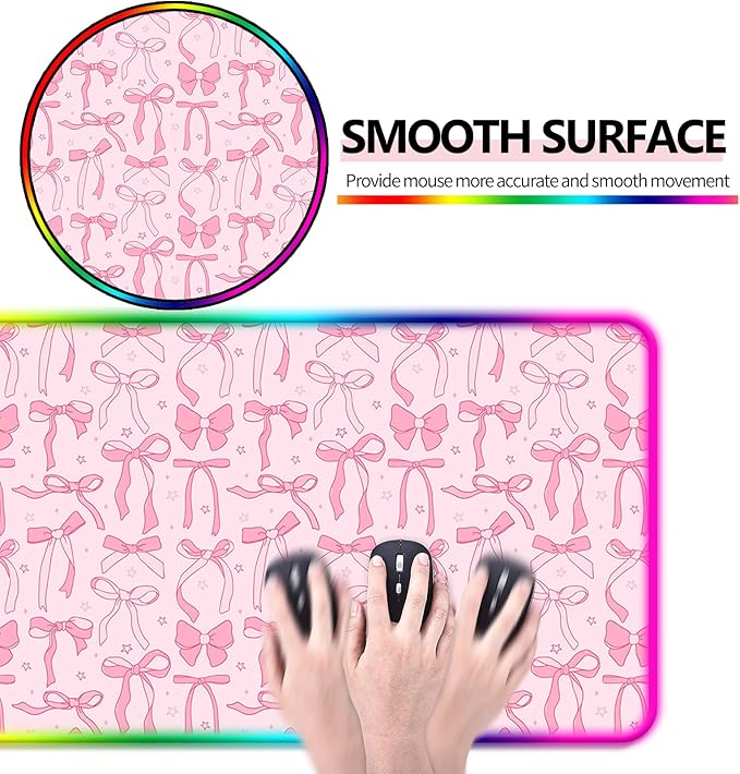RGB Pretty Bow Girly Gaming Desk Mat, Computer Keyboard Large Extended Long LED Mouse Pad for Office and Home, XL (W24)