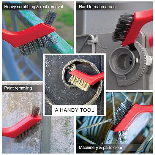 Lavaxon Wire Brush Set 3Pcs - Nylon/Brass/Stainless Steel Bristles with Curved Handle Grip for Rust, Dirt & Paint Scrubbing with Deep Cleaning – 7 Inches (Red)