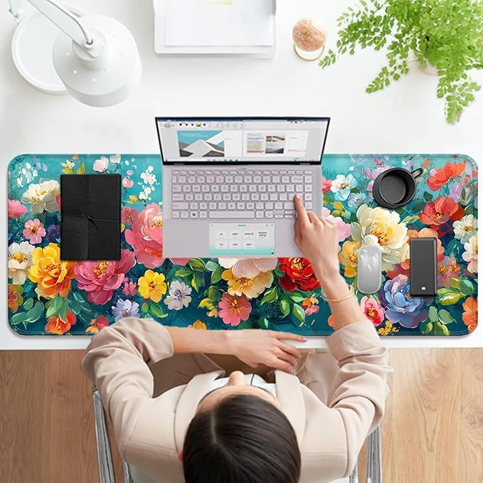 Colorful Flower Peony Gaming Desk Mat, Computer Keyboard Large Extended Long Floral Mouse Pad for Office and Home, XL (W28)