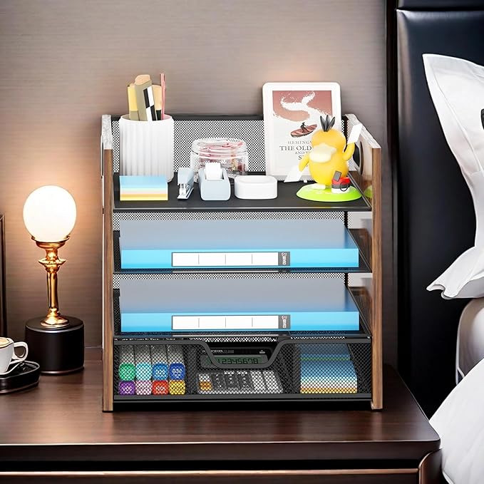 Wood Desk Organizer - 4-Tier Desktop File Organizer with Drawer, Wooden Paper Tray, Office Desk Organizer for Papers, Mail, Notebooks, Stationery