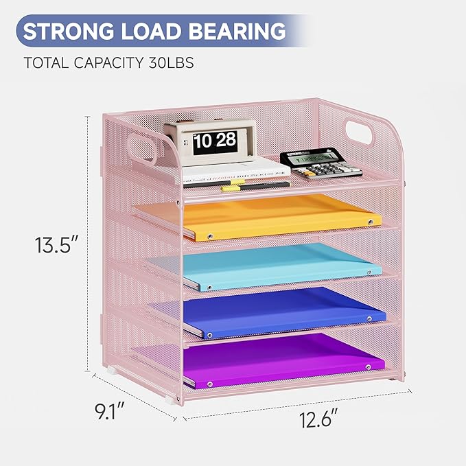 5 Tier Paper Organizer with Handle, Metal Mesh Desk Organizer File Folder Paper Letter Tray Desktop Document Sorter for Classroom, School, Office Accessories Organization and Storage - Pink