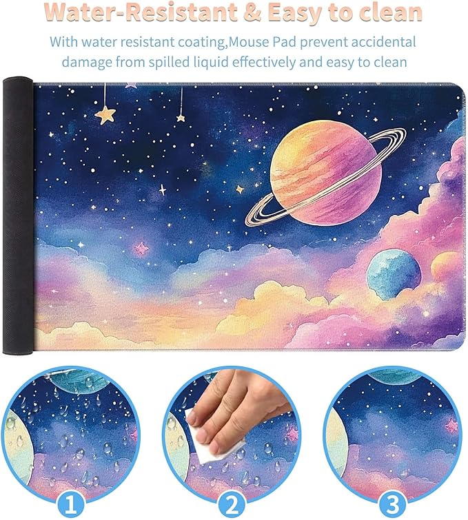 Desk Mat Large Gaming Mouse Pad (31.5x11.8 inch) with Stitched Edges, XL Mouse Pad +Coaster, Extended Mouse Mat Keybroad Mousepad Non-Slip Rubber for Gamer Men Women, Colored Nebula Planet