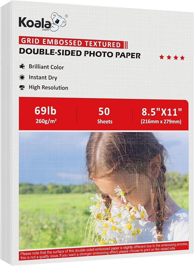 Koala Thick Grid Embossed Textured Double-sided Photo Paper 8.5x11 Inches 69LB Heavyweight 50sheets 260GSM Compatible with Inkjet Printer