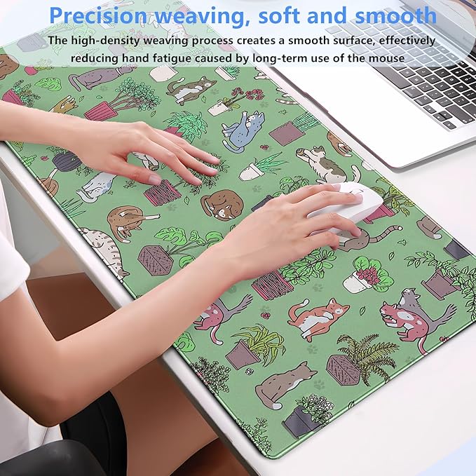 Cat Mouse Pad Green Desk Mat XXL Large Gaming Mousepad Sage Green Mouse Pads Cute Kawaii Bohemian Computer Mat Keyboard and Mouse Pad Office Desk Decor 31.5 x 15.7 in