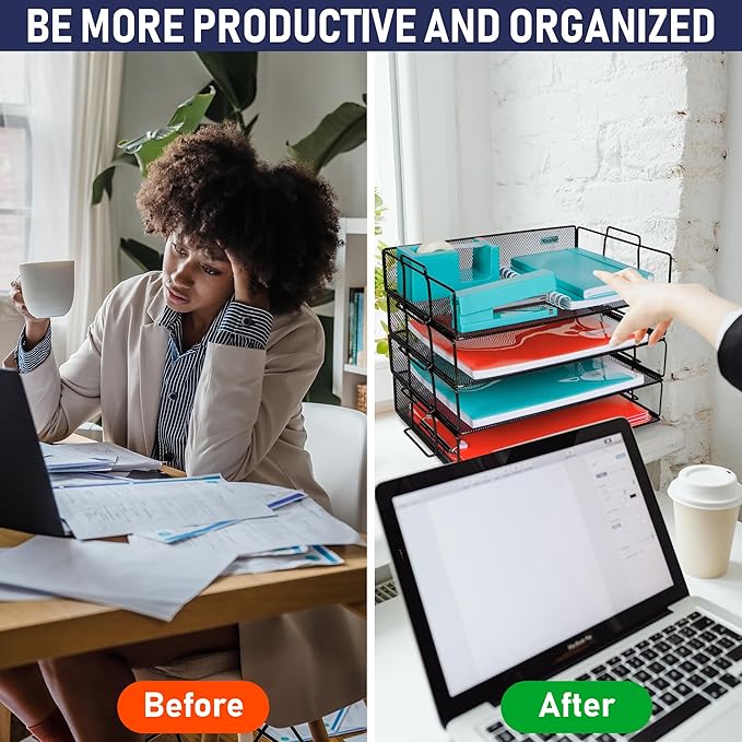Stackable Paper Tray Desk Organizer, 4-Tier Metal Mesh Letter Organizers for Business, Home, School, or Store Use, Organizes Files, Folders, Letters, Paper, Binders, Multi-Functional Desktop Storage