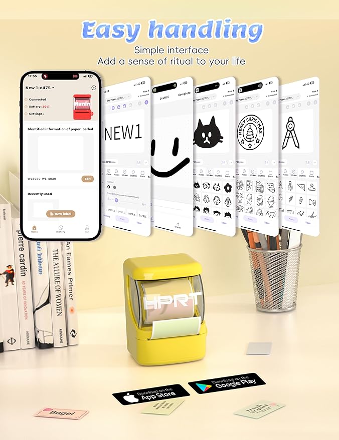 HPRT NEW1 Label Maker - Bluetooth Label Make Machine with 1 Roll Tape Portable Thermal Printer for iPhone&Andriod, Yellow