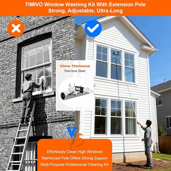 TIMIVO 152'' Window Cleaning Kit, 2 in 1 Window Squeegee with Extension Poles, Window Cleaner Tools for Indoor/Outdoor High Window, Car, Glass