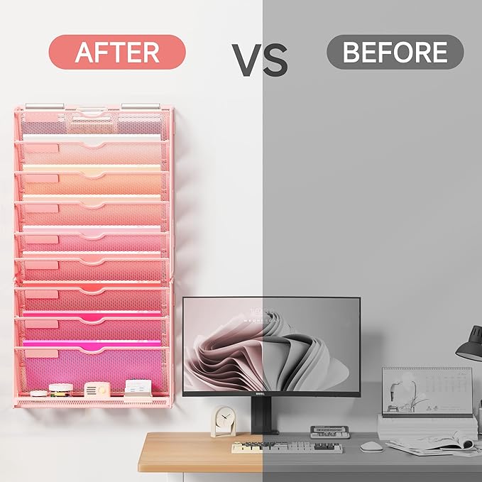 Lavatino 10-Tier Hanging Wall File Folders Organizer - Pink Metal Mesh Paper Magazine Document Mail Holder File Organizer for Office School Home Wall Mount or Desk Supplies Organization