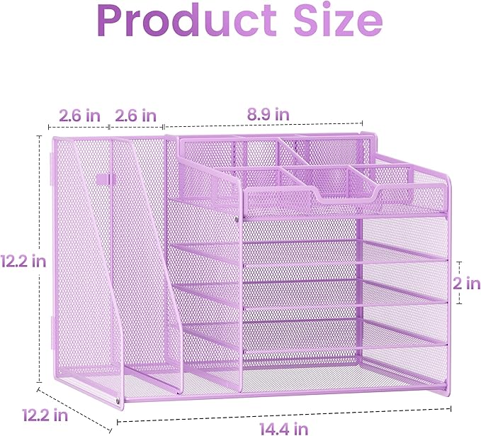 Lavatino 5-Tier Desk Organizer with 2 File Holders, Metal Adjustable Paper Letter Tray for Office or Home Desk Organizers and Accessories | 7 Flexible Dividers Keep Workspace Supplies Neat, Purple