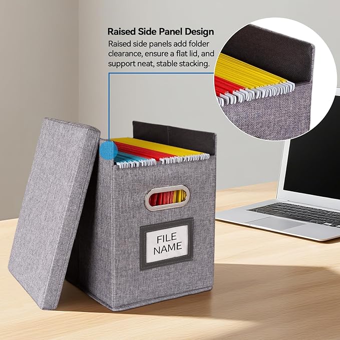 2 Pack Hanging File Folders Organizer with Lid, Letter Size Fabric File Storage Box Collapsible, Portable Office Document Holder with Metal Handle, Smooth PVC Rails, Gray