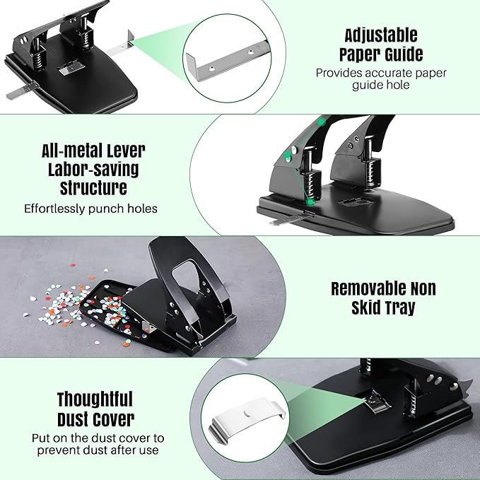 Dreyoo 2 Hole Punch with 100 Self Adhesive Prong Paper Fasteners, 2 Hole Paper Puncher for File Folder and Metal File Fasteners Combo Set, 30 Sheet Capacity, 2.75 Inch Center Paper Fasteners