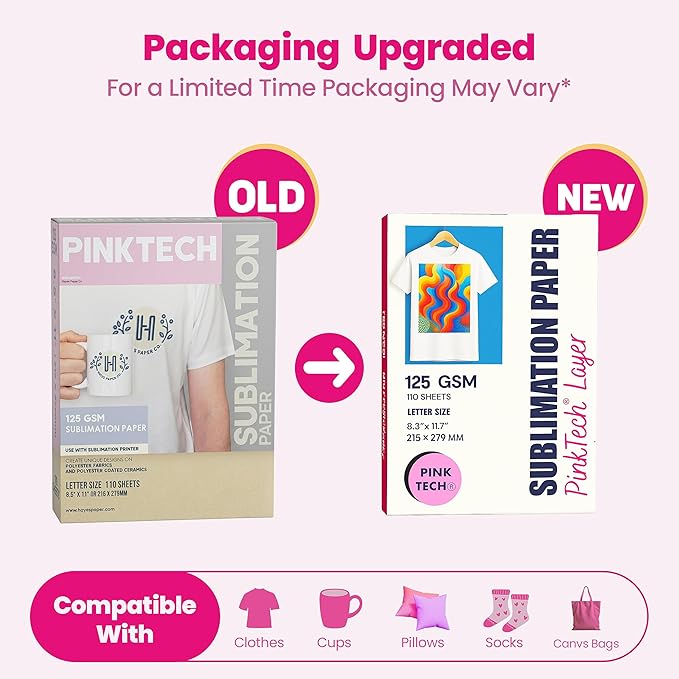 Hayes PinkTech Sublimation Paper 8.5x11 Inch 110 Sheets 125gsm for Inkjet Printer Epson Canon Sawgrass Heat Transfer Paper Works with Sublimation Ink for T-Shirts Mugs Tumblers Sublimation Blanks