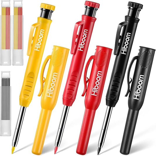 Hiboom 3 Pack Solid Carpenter Pencils with Pencil Cap and 21 Pcs Refills, Deep Hole Mechanical Pencil Marker with Built in Sharpener for Carpenter Woodworking Architect