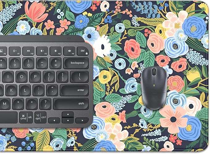 Garden Party Flowers Desk Pad Mouse Pad,Large Floral Mouse Mat with Stitched Edges,Non-Slip Rubber Base Mousepad for Office PC Keyboard Laptop and Home Work Desk Mat(27.5X11.8 in)