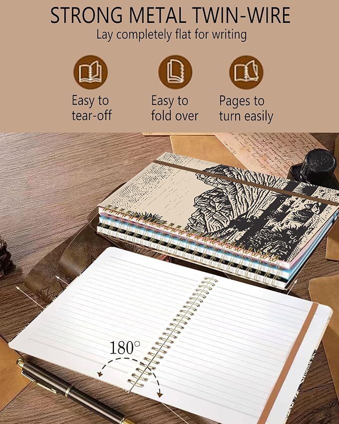 Spiral Journal Notebook, A5 Cute Notebooks for Women Men, College Ruled Hardcover Notebook for Work & Note Taking, 60 Pages Double-Wire Journals for Writing, Retro Mountain