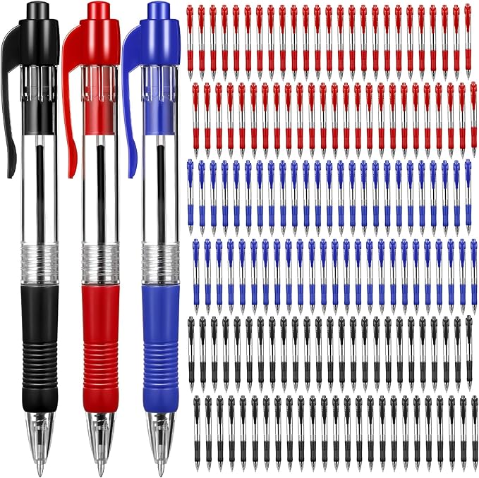 Fainne 200 Pack Retractable Ballpoint Pen 1.0 mm Medium Point Refillable Smooth Click Writing Pens With Grip for Work Journal Writing Office School Supplies(Black, Blue, Red Ink)
