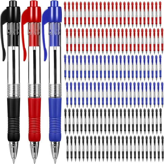 Fainne 200 Pack Retractable Ballpoint Pen 1.0 mm Medium Point Refillable Smooth Click Writing Pens With Grip for Work Journal Writing Office School Supplies(Black, Blue, Red Ink)