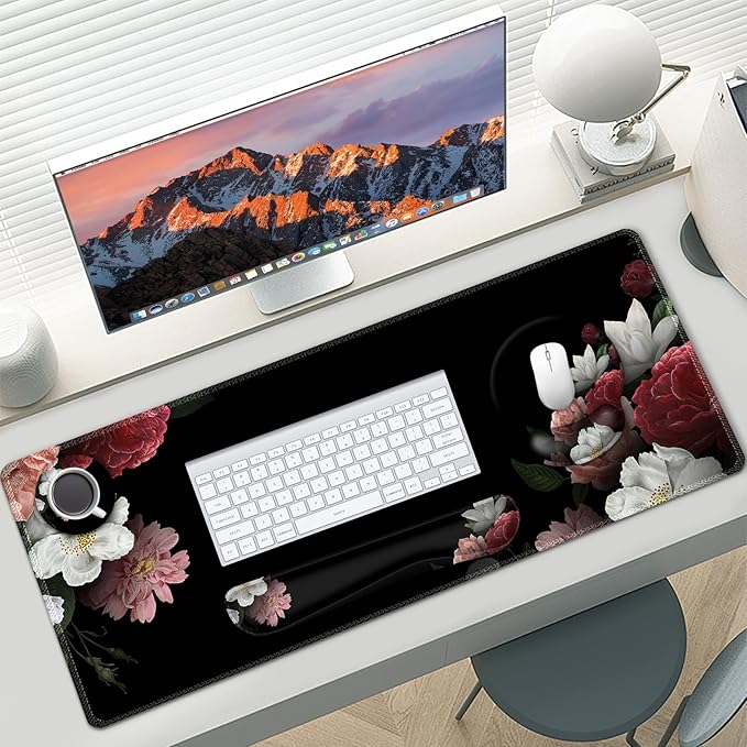 AIMSA Mouse Pad,Large Black Desk Mat, XXL Mousepad+Keyboard Wrist Rest+Ergonomic Mouse Wrist Rest+Coaster Set,4in1 Desk Pad for Home Office Table Computer-Vintage Flower