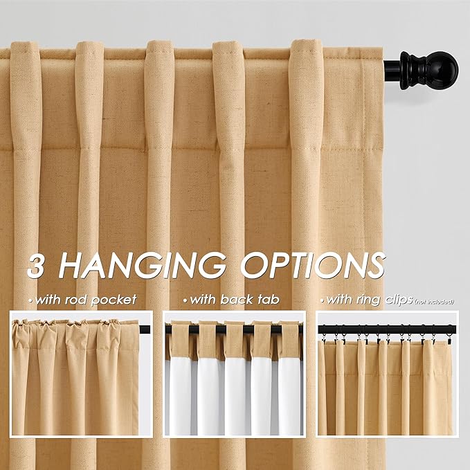 Camel Linen Blackout Curtains 108 Inches Long 2 Panel Set for Living Room Back Tab Pocket Drapes Cotton Textured Room Darkening Light Blocking Curtain for Bedroom Cottage High Window 52x108