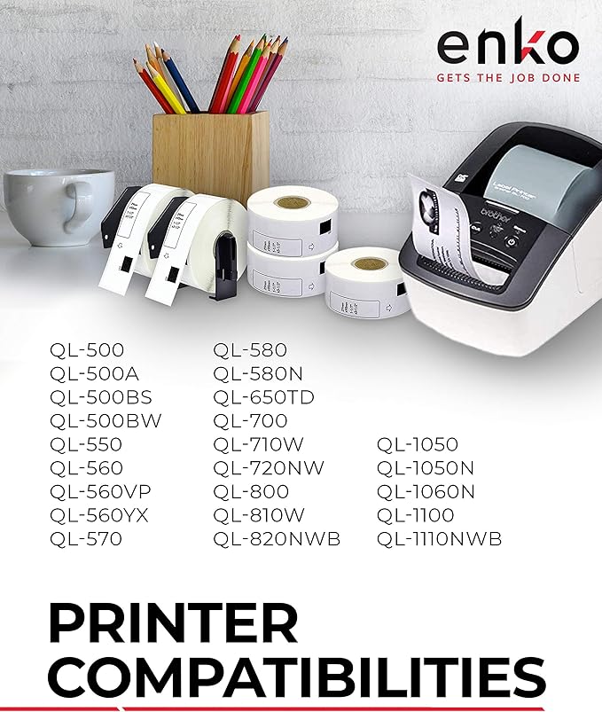 enKo - Compatible DK-1201 Standard Address 1-1/7" x 3-1/2" Replacement Labels, Compatible for Brother QL Label Printers [12 Rolls / 4800 Labels with 4 Refillable Cartridge Frame]