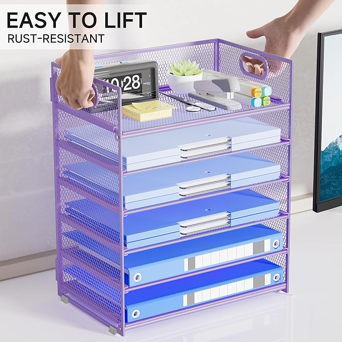 6-Tier Mesh Desktop File Organizer Letter Size Paper Tray with Handle Metal Construction Purple
