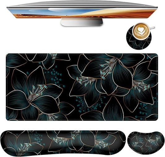 Keyboard Mouse Pad Set,Large Gaming Mouse Pad+Keyboard Wrist Rest+Wrist Rest+Coaster,Computer Desk pad Set Wrist Support for Office Desktop Laptop. (35.4" x 15.7") Extended Desk Mat (Floral)
