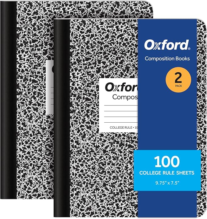 Oxford Composition Notebooks, 9-3/4 x 7-1/2 Inch School Journals, College Ruled Paper, Black Marble Covers, 100 Sheets per Book, 2 Pack (1002515)