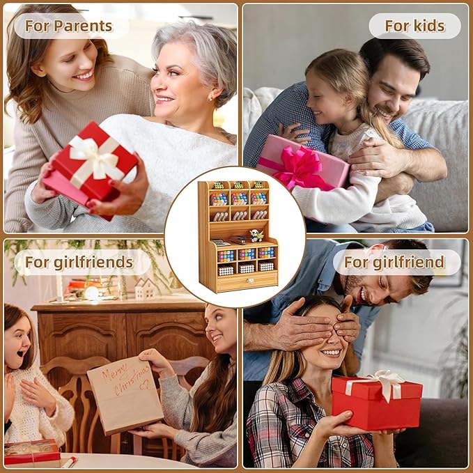 Marbrasse Wooden Desk Stationary Organizer, Multi-Functional Pen Holder, Storage Rack for School Home Office Art Supplie (B16-Cherry Color)