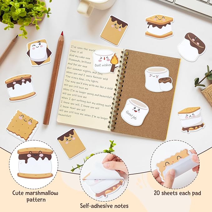 CJiangpo 30Pcs Marshmallow Sticky Notes Pads, 600 Sheets Cute Self Stick Notepad Memo Pads Funny Cartoon Page Marker Classroom Rewards Camping Themed Gift