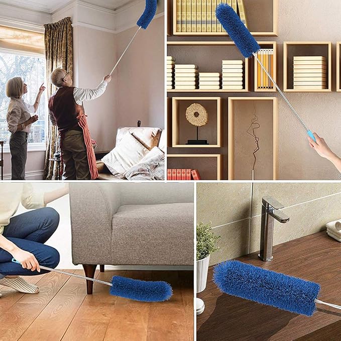 HEOATH Microfiber Feather Duster with Extendable Pole, 100 inches Extra Long Cobweb Duster for Cleaning, Bendable Head, Non-Scratch, Washable Duster for Ceiling, Fan, Furniture Blue