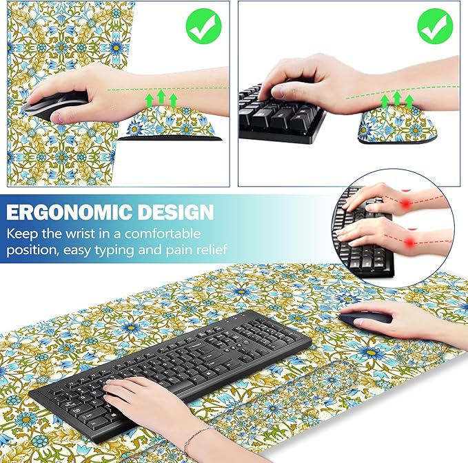 ARTSO Large Gaming Mouse Pad with Wrist Rest Wrist Support, Ergonomic Keyboard Mat Wrist Rest Desk Pad, Home Office Desk Accessories Decor Supplies, Blue Green Bohe Flower Plant