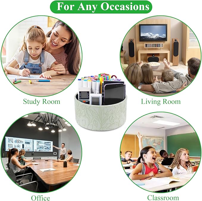 Hennaja Remote Control Holder, 360°Spinning PU Leather Desk TV Remote Caddy,Desk Storage Box Room Accessories for Controller, Media,Mail,Calculator, Mobile Phone,Pencil(1-Carved Green1)