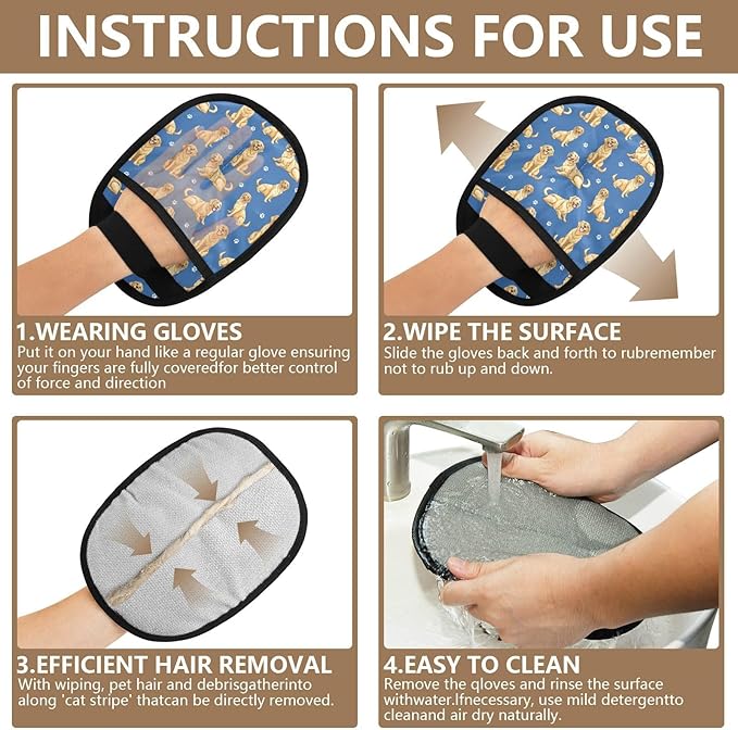 CHPGPUG Cartoon Golden Retriever Pet Hair Removal Glove for Cats & Dogs Reusable Pet Hair Removal Glove pet Hair Electrostatic Gloves