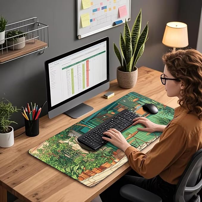 Japanese Coffee Shop Large Gaming Mouse Pad 31.5"x15.7"｜ Green Plant XXL Desk Mat, Non-Slip Rubber Base & Stitched Edges - Extended Waterproof Mousepad for PC/Laptop/Office/Home Decor
