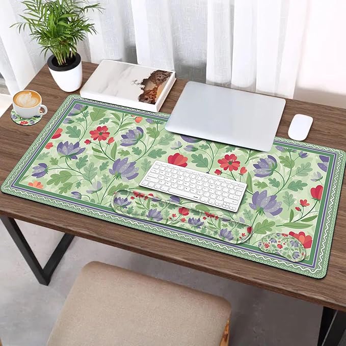 AIMSA Gaming Mouse Pad Wrist Support Set, Desk Pad +Mouse Wrist Rest +Keyboard Wrist Rest +Coaster, 4in1 Ergonomic Mouse Pad Combo for Home Office -Red Purple Flower