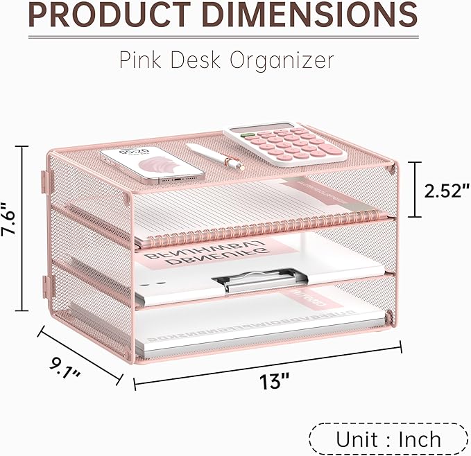 DALTACK 3 Tier Letter Tray Paper Organizer Mesh Metal Desk File Organizer for Home & Office, Pink
