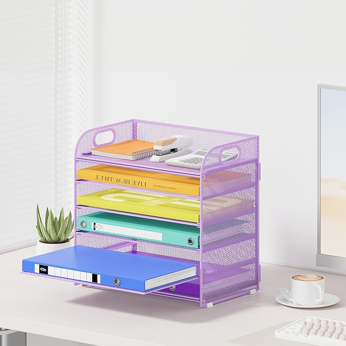 6 Tier Paper Organizer with Handle, Metal Desk Organizer Mesh Paper Letter Tray Desktop File Folder Document Sorter for Classroom, School, Office Accessories Organization and Storage - Purple