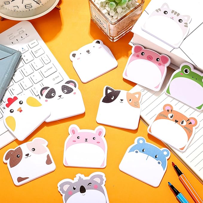 Yinder 24 Pads Cute Sticky Notes Kawaii Fun Animal Sticky Notes Pads Bulk Cartoon Memo Self Adhesive for Veterinary Gift Office School Tab Party Supplies(Classic Animals)