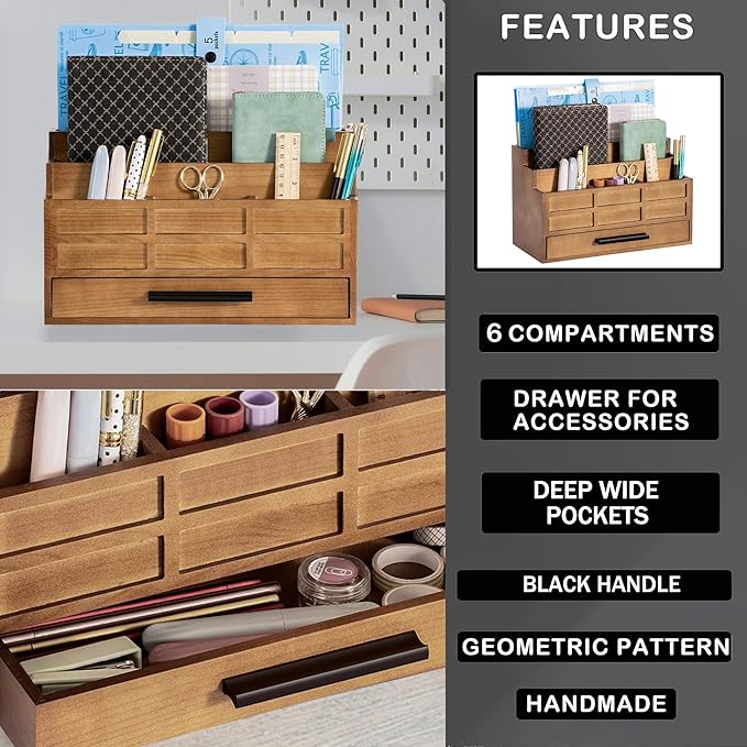 Brown Wood Desk Organizer and Accessories with Drawer, Bill Mail Organizer and File Mail Holder for Office Supplies, Rustic Desk Accessories & Workspace Organizers