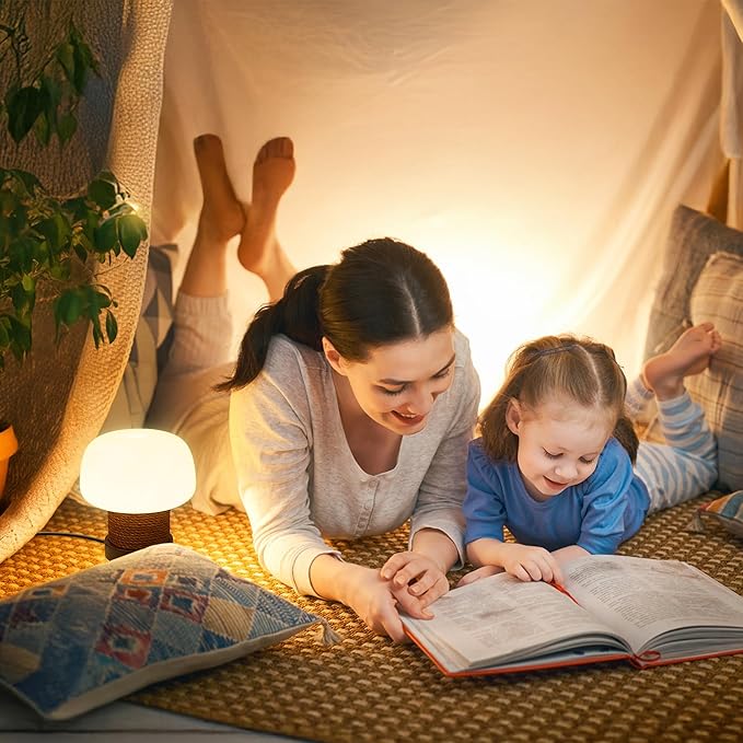 Small Table Lamp for Bedroom-Wooden Base Mushroom Table Lamps,Milky White Glass Shade,Three Adjustable Color Temperatures Modern Cute Unique Side Table and Desk Lighting(H 7.4 in)