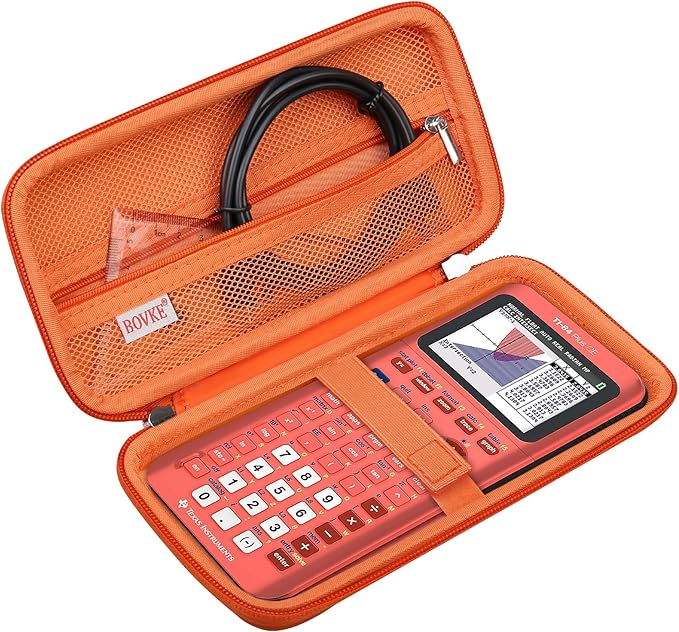 BOVKE Hard Travel Case for Texas Instruments TI-84 Plus CE/TI-84 Plus/TI-83 Plus CE/TI-83 Plus/Casio fx-9750GIII Graphing Calculator, Mesh Pocket for USB Cables, Manual, Pens, Accessories, Orange